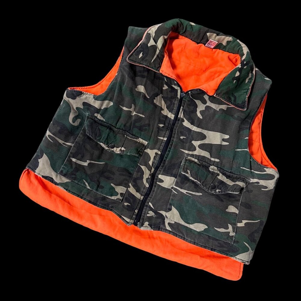 Vintage Reversible Camo Hunter Orange Puffer Vest 1980s Sports Afield Taiwan